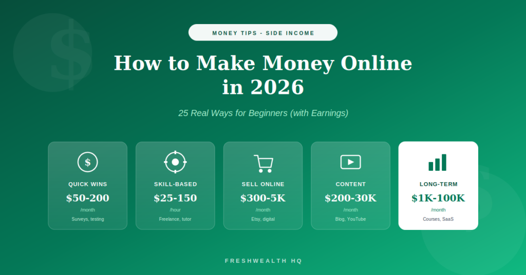 How to make money online in 2026 guide showing 5 categories of online income from quick wins to long-term builds with realistic earnings ranges