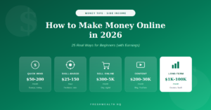 How to Make Money Online in 2026: 25 Real Ways for Beginners (with Earnings) How to make money online in 2026 guide showing 5 categories of online income from quick wins to long-term builds with realistic earnings ranges