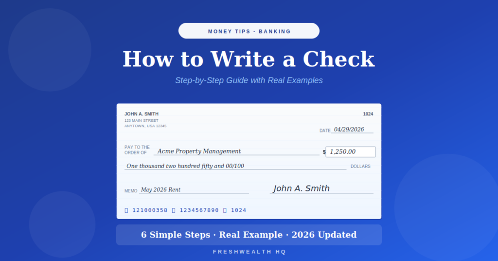 How to write a check step-by-step guide showing a completed check example with all 6 fields filled in including date, payee, amount, and signature