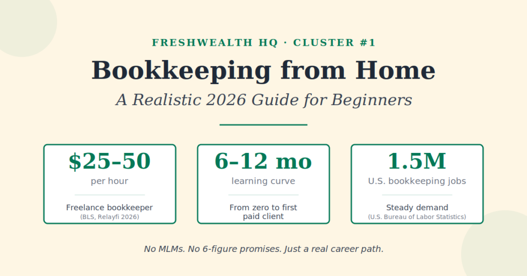 Bookkeeping from home 2026 guide — realistic income $25-50 per hour, 6-12 month learning curve, 1.5 million U.S. bookkeeping jobs