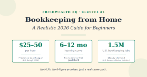 Bookkeeping from Home for Beginners (2026 Guide) Bookkeeping from home 2026 guide — realistic income $25-50 per hour, 6-12 month learning curve, 1.5 million U.S. bookkeeping jobs