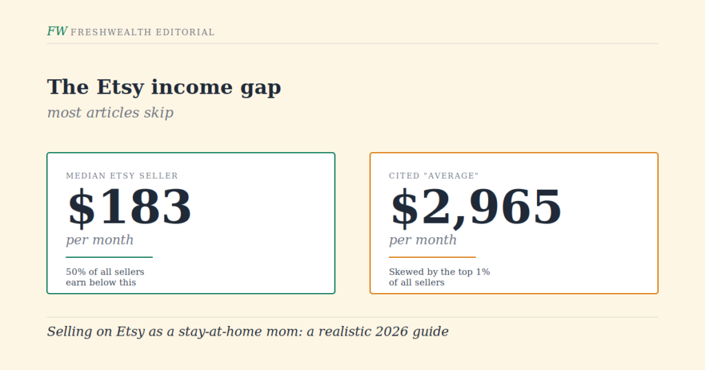 How to sell on Etsy for moms in 2026: chart comparing $183 median monthly income to $2,965 average, showing the gap between typical and top-earning sellers