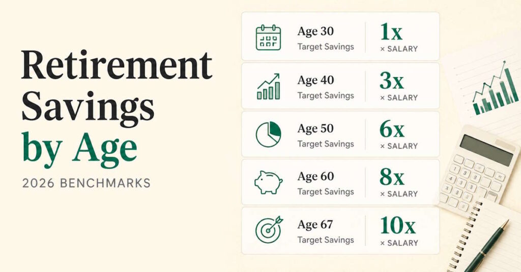 Retirement savings benchmarks by age 30, 40, 50, 60 — chart showing recommended savings multiples for each life stage