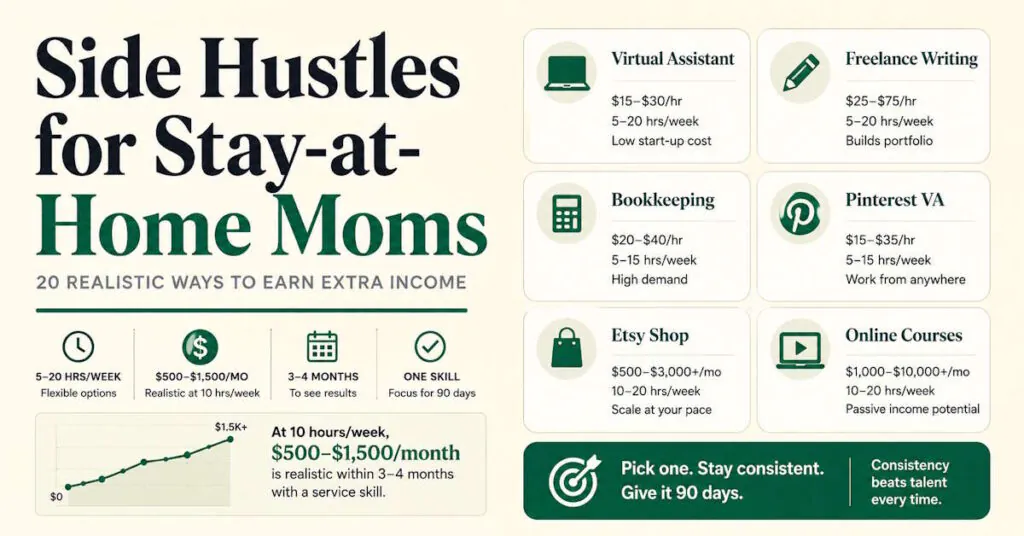 20 realistic side hustles for stay-at-home moms, compared by weekly hours, schedule, and income