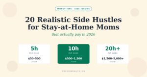 20 realistic side hustles for stay at home moms organized by weekly hours: 5h, 10h, and 20h+ tiers with real income ranges from $50 to $5000+ monthly