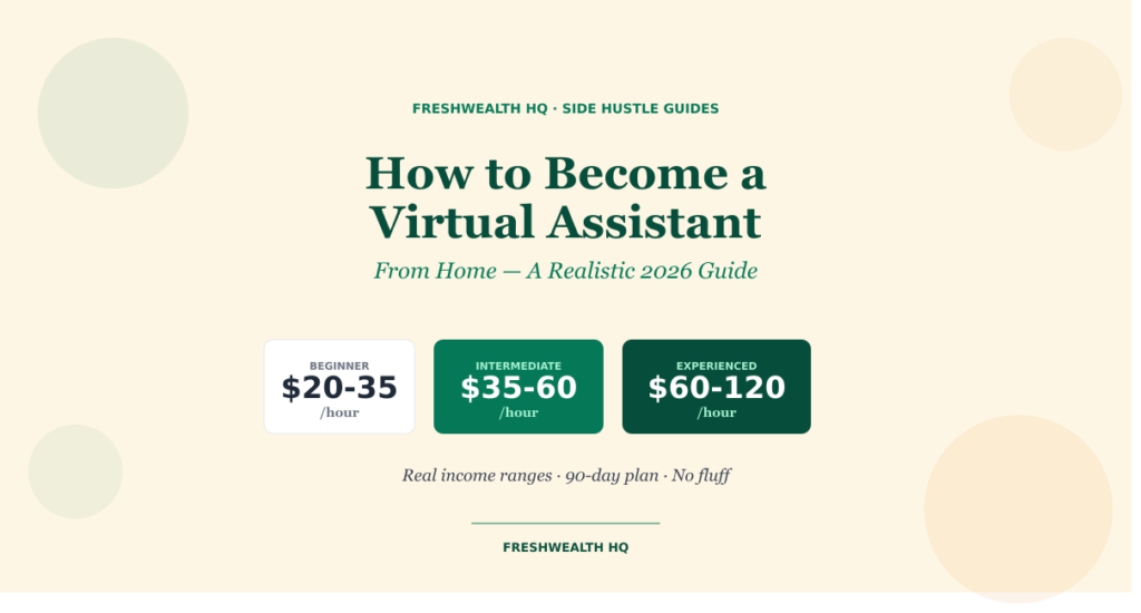 How to become a virtual assistant — pay tiers infographic showing $20-35/hr beginner, $35-60/hr intermediate, $60-120/hr experienced rates for 2026