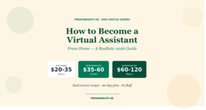 How to become a virtual assistant — pay tiers infographic showing $20-35/hr beginner, $35-60/hr intermediate, $60-120/hr experienced rates for 2026