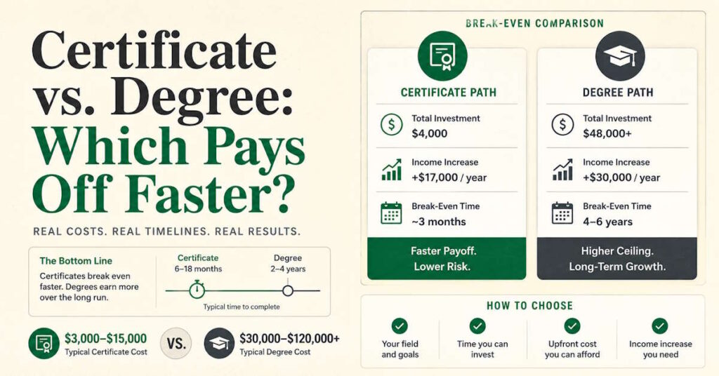 Certificate vs degree comparison showing break-even formula and field salary data
