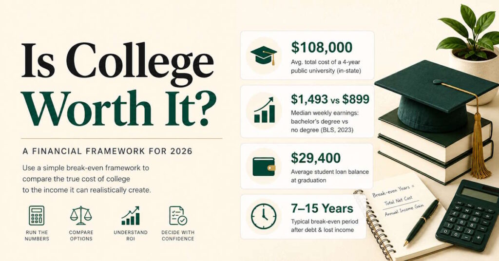 Chart showing whether college is worth it, comparing cost, break-even years, and bachelor's degree vs high school earnings