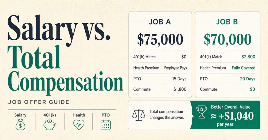 Salary vs total compensation comparison showing 401(k) match, health premium, bonus, equity, and PTO in a job offer