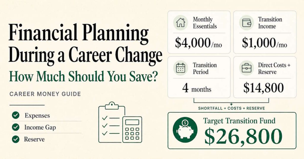 Career transition fund formula: income shortfall plus direct costs plus emergency reserve
