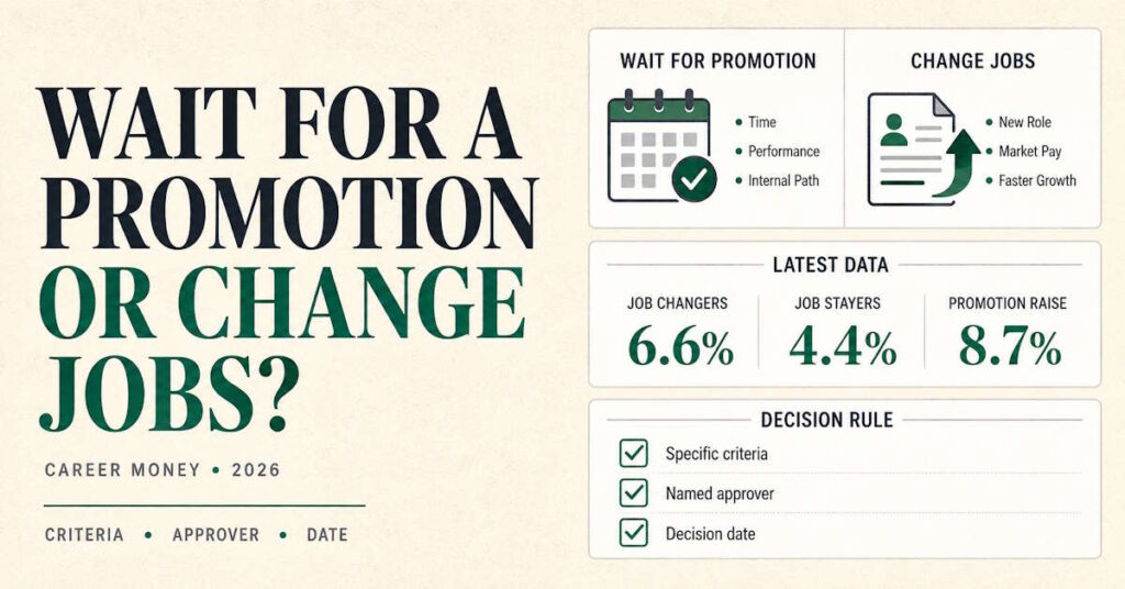 Comparison chart showing whether to wait for a promotion or change jobs for a raise, with pay growth and promotion increase data