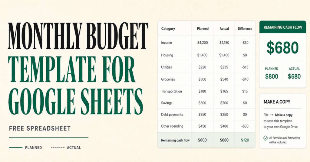 Monthly budget template for Google Sheets with planned and actual income and expense columns