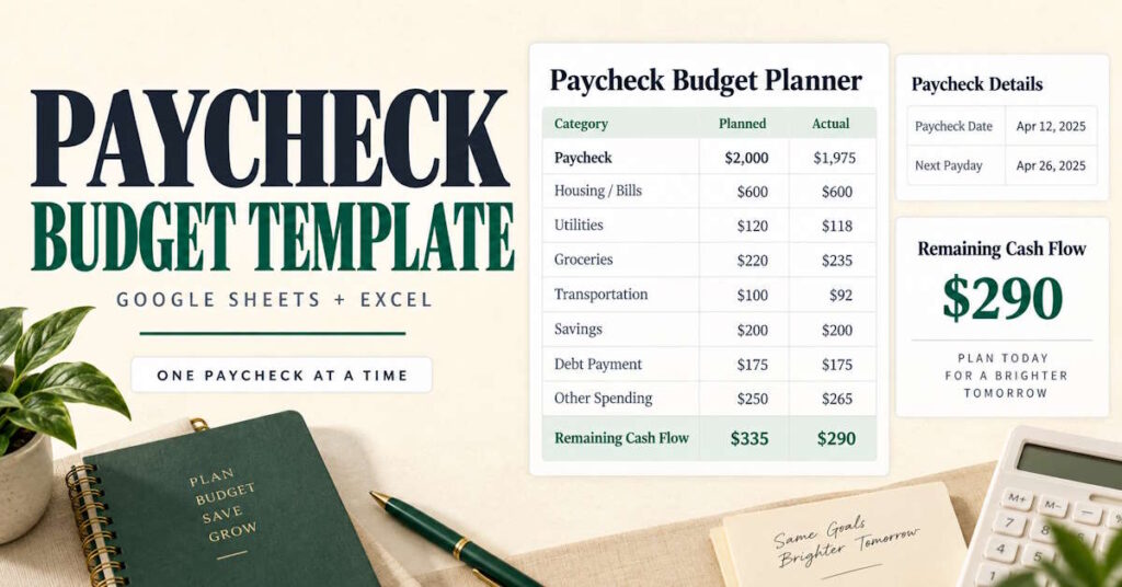 Paycheck budget template and planner for one pay period with planned and actual columns