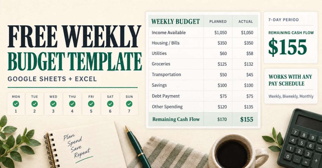 Weekly budget template for a seven-day period with planned and actual columns