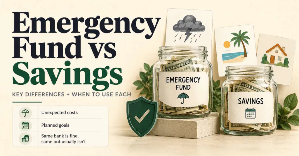 Emergency fund vs savings comparison showing unexpected costs versus planned savings goals